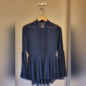 Black Swan. Stand collar pleated chiffon blouse, bell sleeve. Black. S.